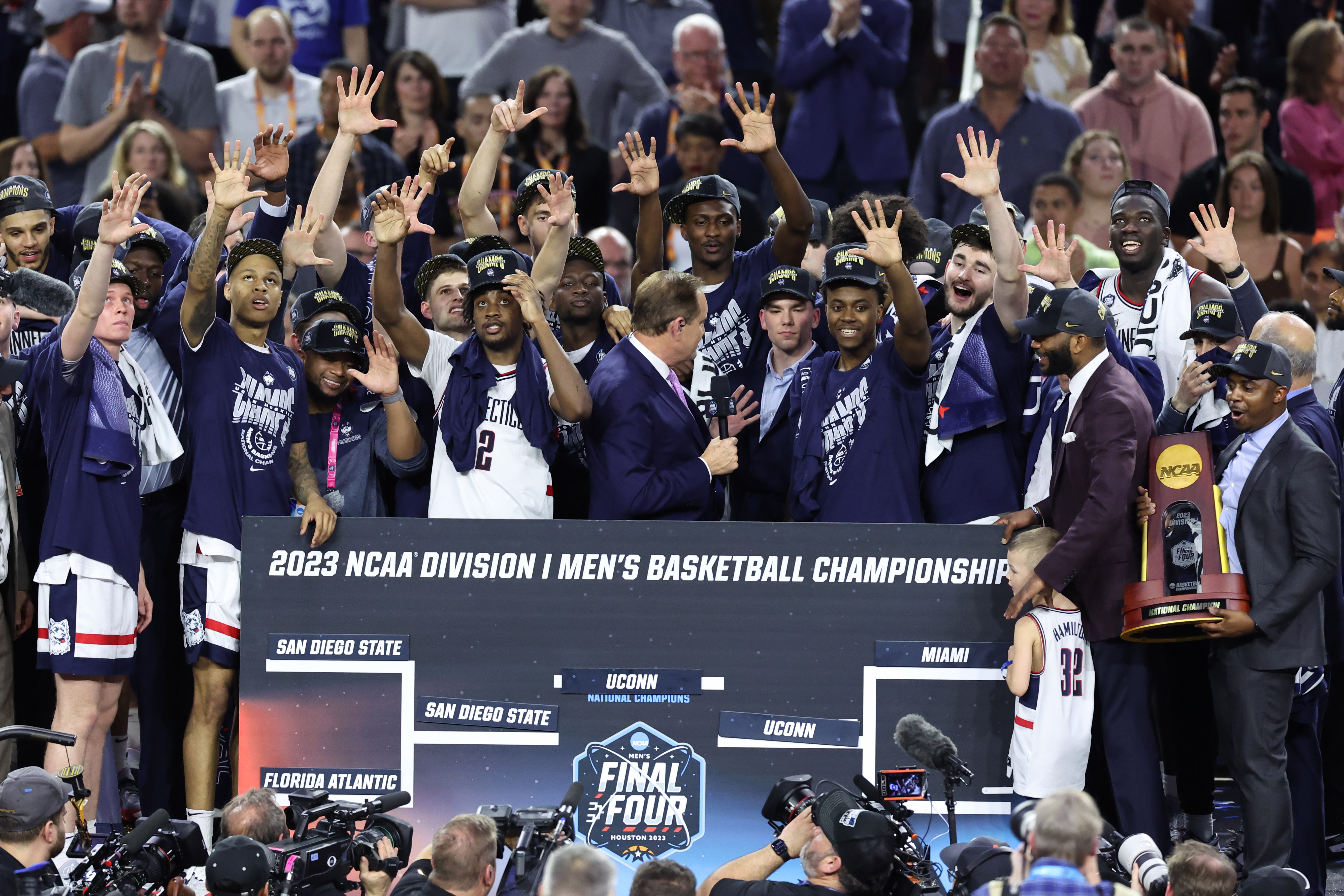 UConn defeats Miami while San Diego State stuns Florida Atlantic to advance  to the NCAA Men's Basketball Championship tournament title game